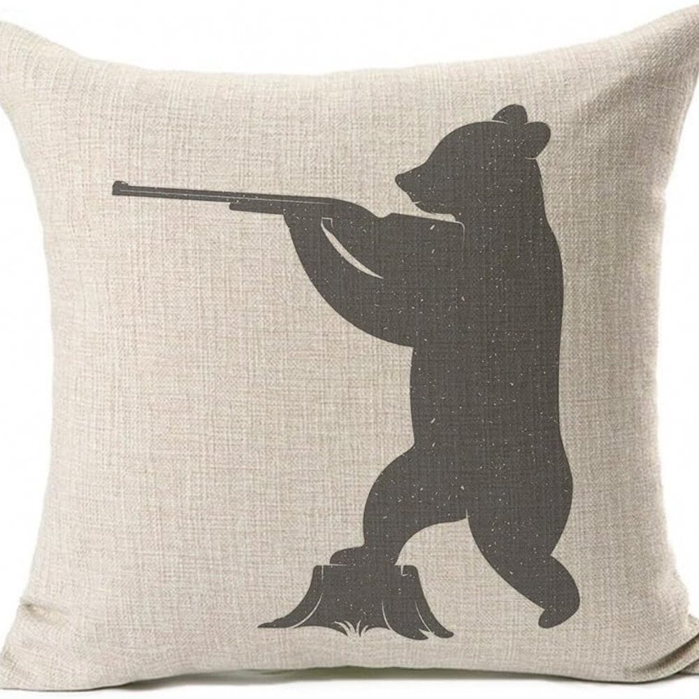 Set of 2 Mountain Bear With Shotgun Rustic Cabin Throw Pillow Case Cover 18 X 18